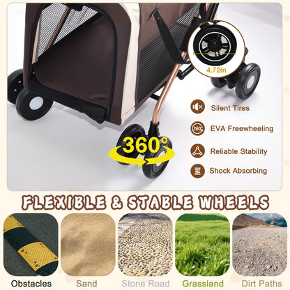 Double Pet Stroller for Dogs and Cats – 3-in-1 Carrier &amp; Tote, Shockproof Wheels, Brakes, Khaki – view 7