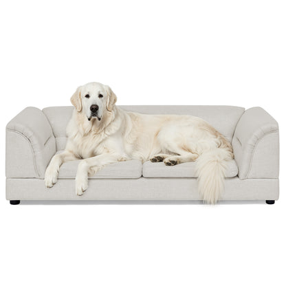 Oversized Linen Dog Sofa – Raised Pet Couch with Curved Armrests for Large Dogs, Beige – view 10