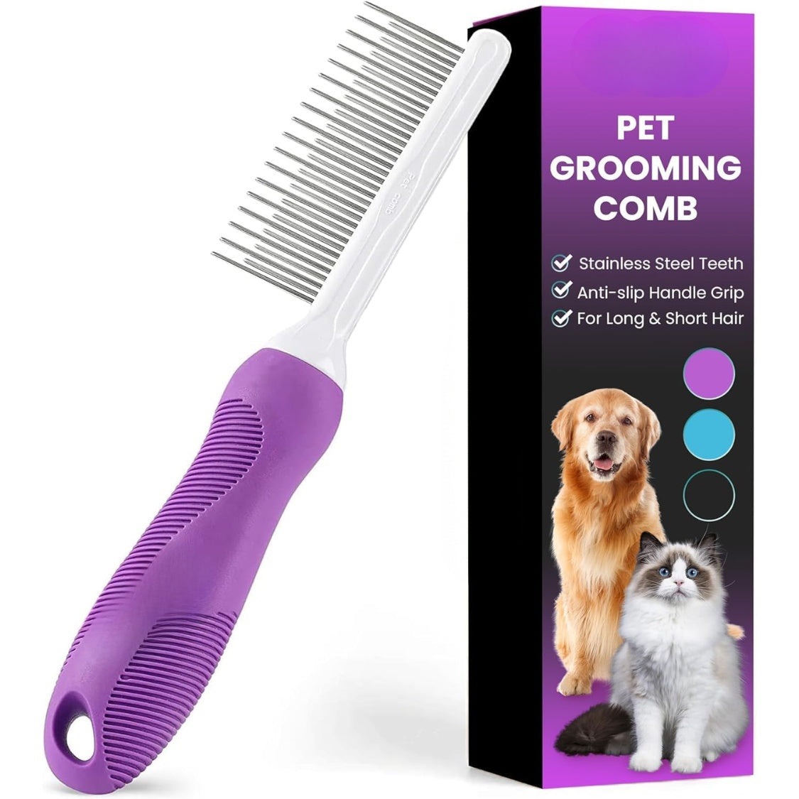 2-in-1 Pet Detangling Comb – Long &amp; Short Stainless Steel Teeth for Mats and Knots, Non-Slip Handle