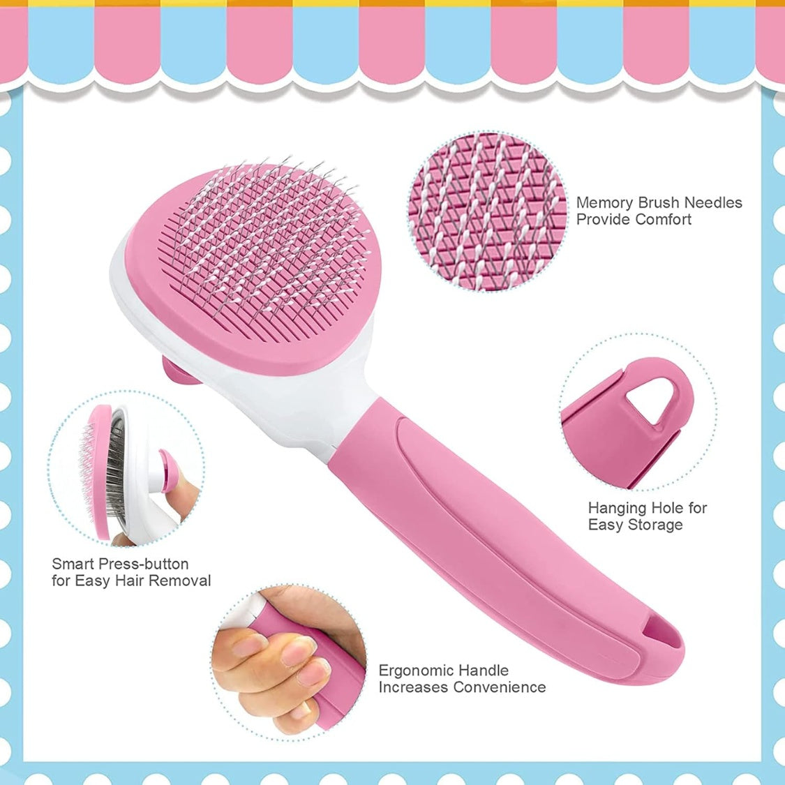 Self-Cleaning Cat Brush with Metal Comb – Release Button Slicker Brush for Shedding, Pink – view 3