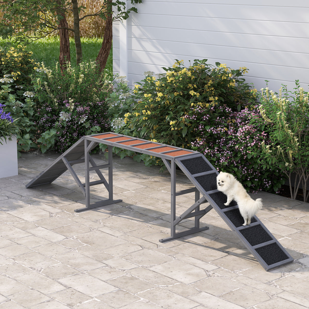 Dog Agility Walk Ramp with Safety Bars – Non-Slip Fir Wood Training Ramp, 35° Slope, Gray – view 2