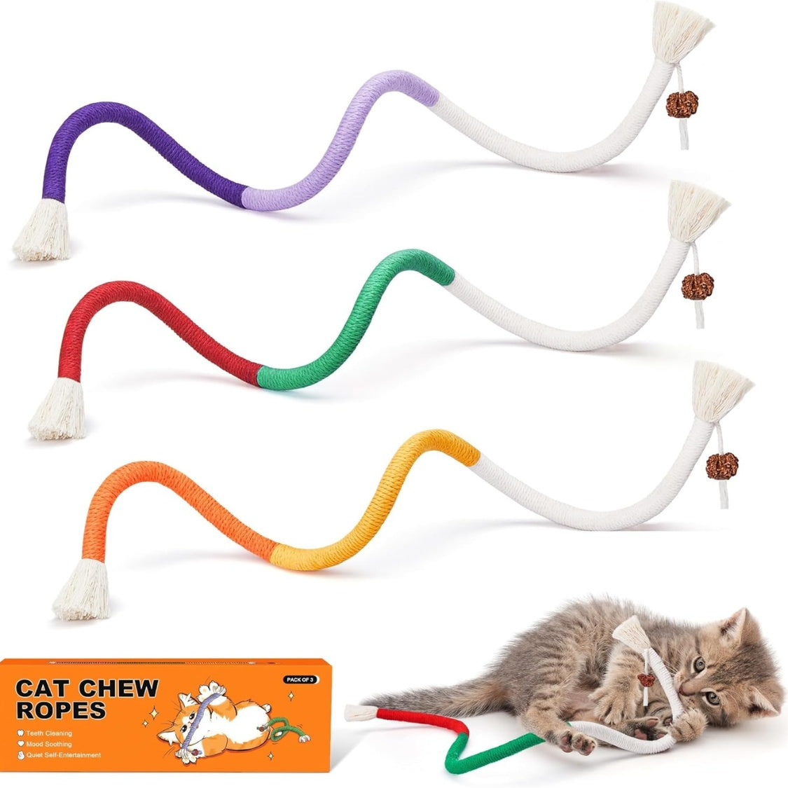 Cat Chew Rope Toys 3-Piece Set with Refillable Catnip Bag, Cotton Rope with Tassels