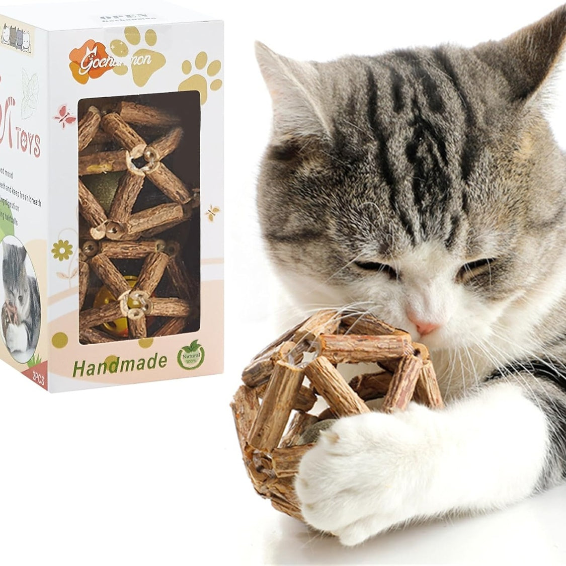 Silvervine Stick, Catnip Ball and Bell Ball Cat Chew Toy, Hand-Woven Natural Plant