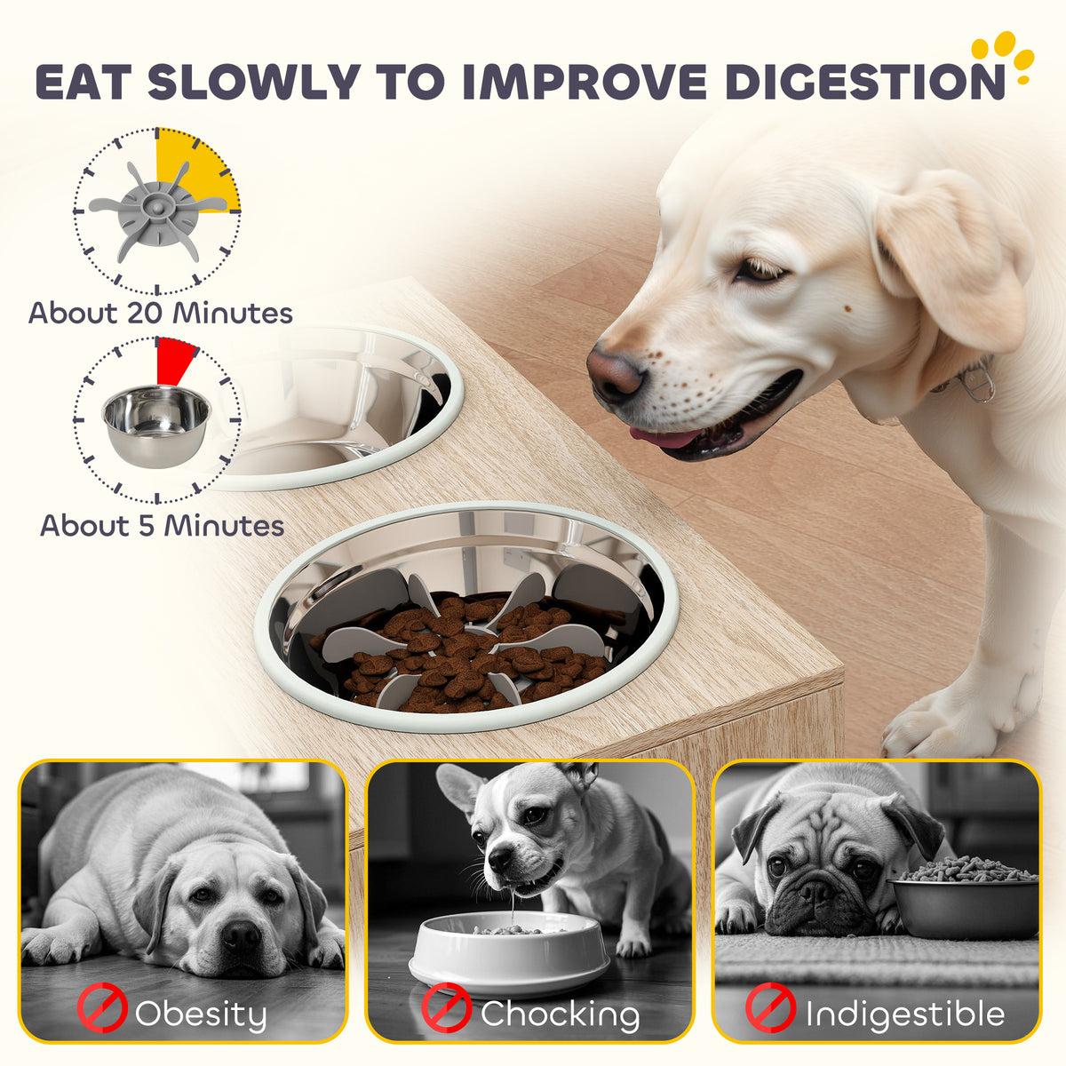 Elevated Dog Bowls with Storage Cabinet – 2 Stainless Bowls &amp; Slow Feeder Insert, Oak – view 7