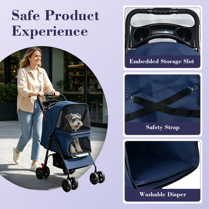Foldable Pet Stroller for Small Dogs and Cats – Up to 28 lbs, Tray, Storage Basket, 4 Wheels, Blue – view 7