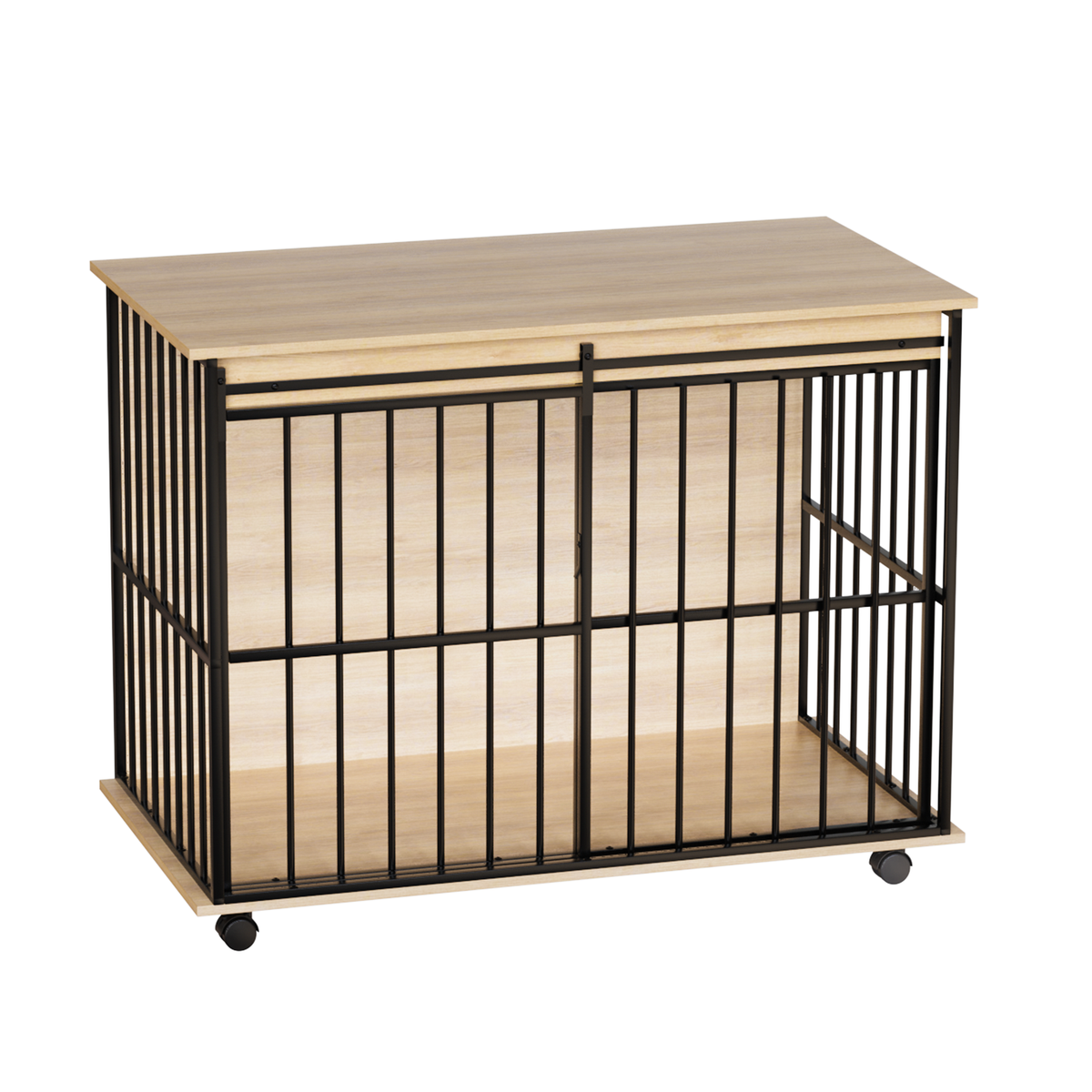 Wooden Dog Crate Furniture – Large Kennel End Table with Sliding Door and Tray, Black and Natural – view 5