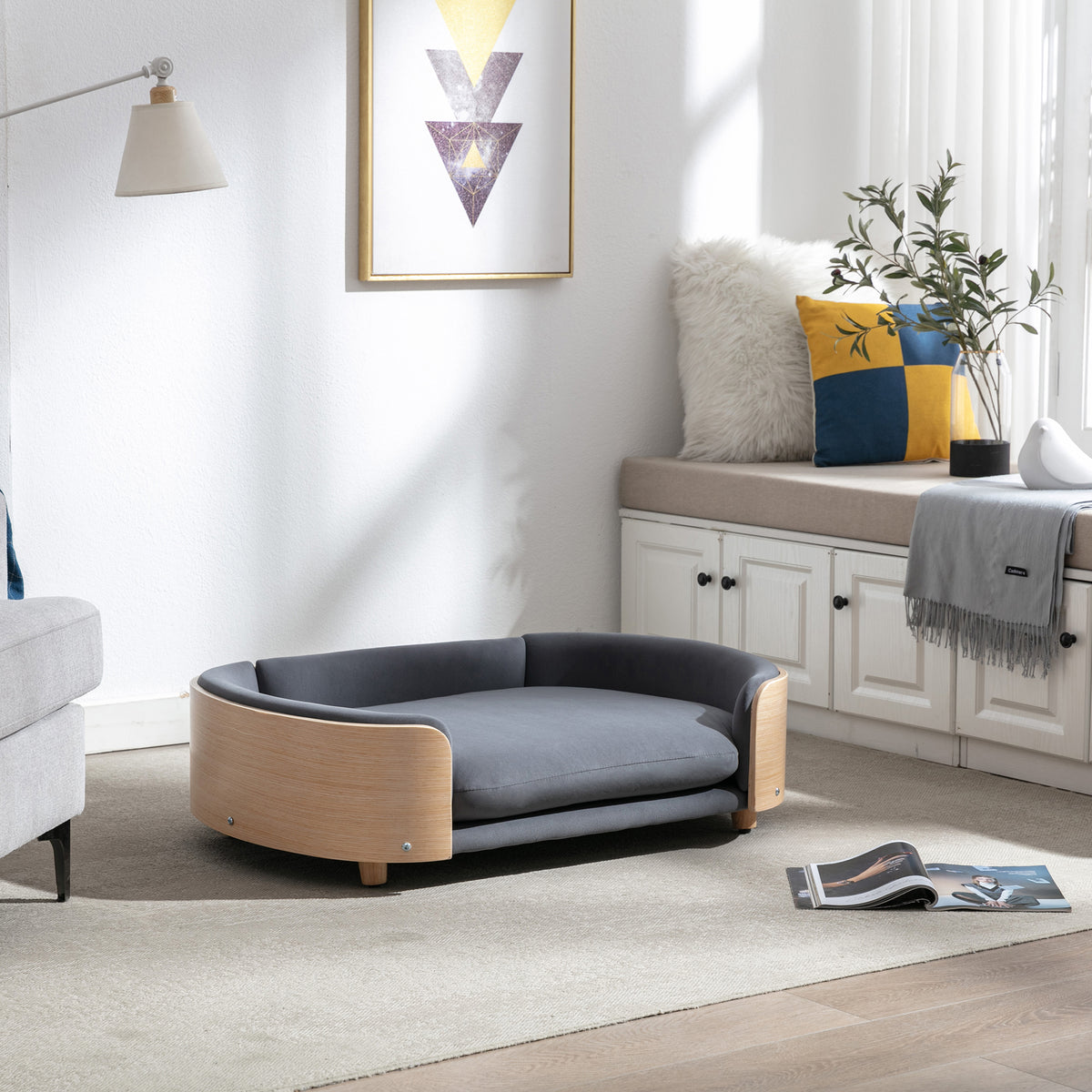 Scandinavian Elevated Dog Sofa Bed – Solid Wood Legs, Bent Wood Back, Velvet Cushion, Dark Gray – view 7