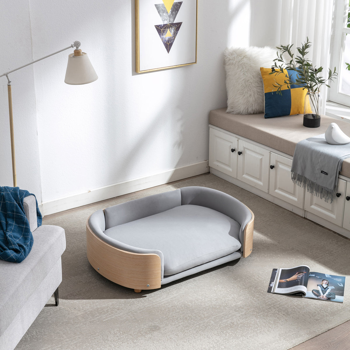 Scandinavian Elevated Dog Sofa Bed – Solid Wood Legs, Bent Wood Back, Velvet Cushion, Light Grey – view 7