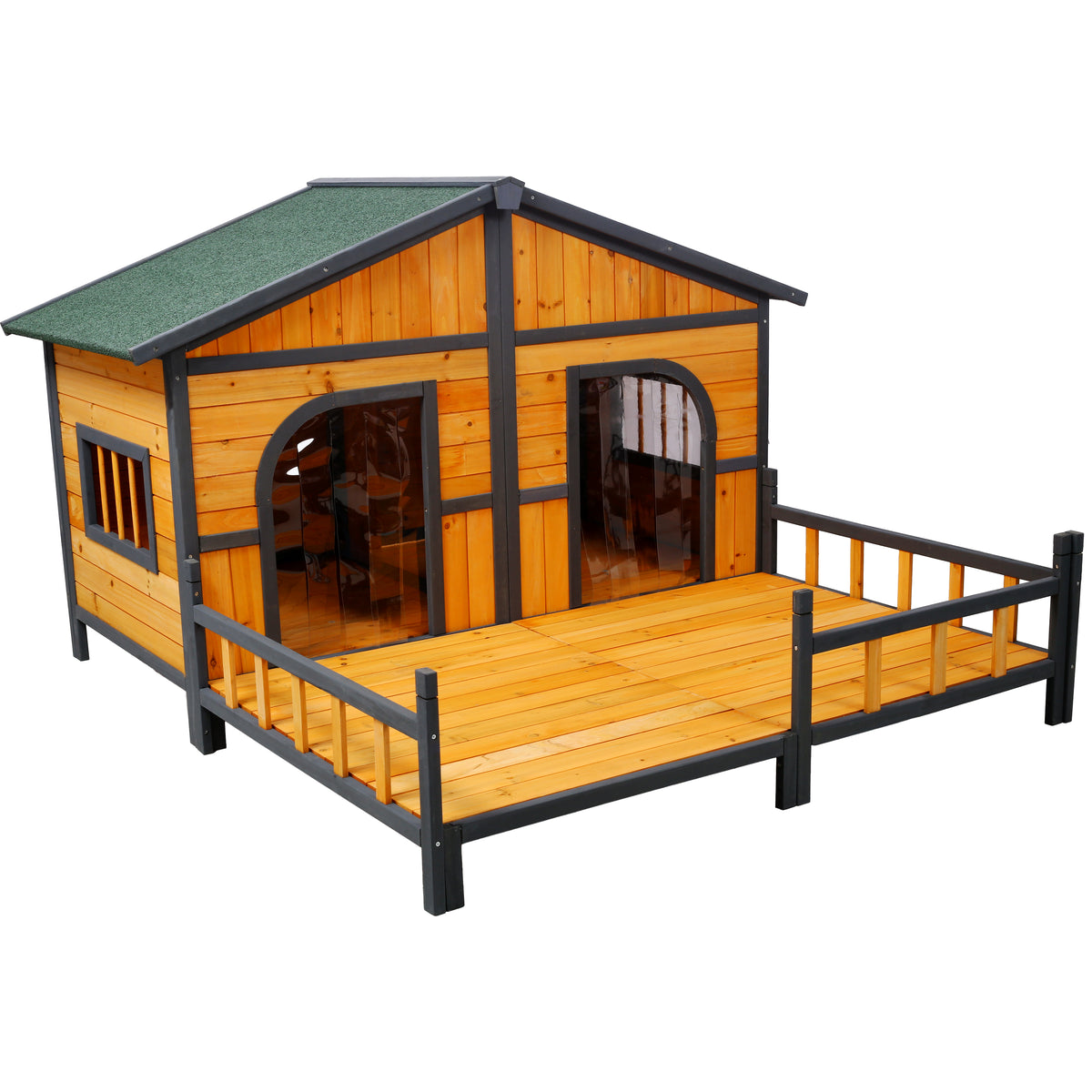 Wooden Double Dog House with Porch – Elevated Floor, Weatherproof Outdoor Kennel – view 2