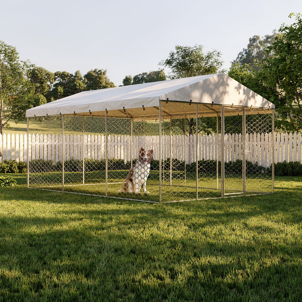 Large Outdoor Dog Kennel with Canopy – Galvanized Steel, Waterproof Roof, Lockable, 15 x 10 ft