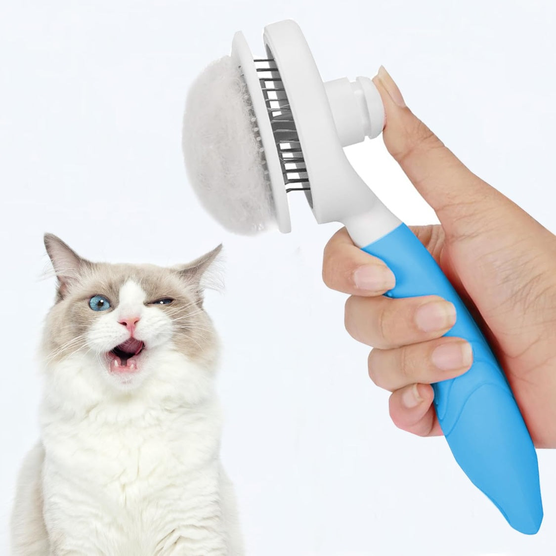 Self-Cleaning Slicker Brush for Cats &amp; Dogs – Stainless Steel Pins with Release Button, Blue – view 6