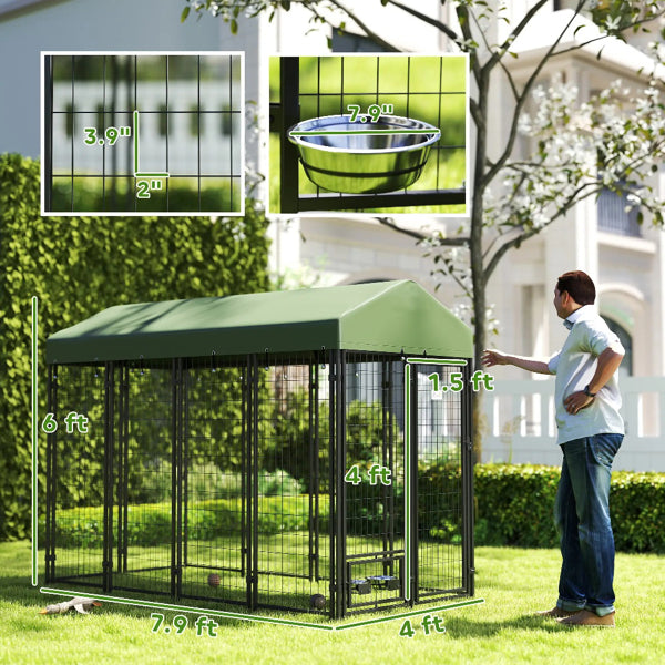 Large Outdoor Dog Kennel with Cover &amp; Rotating Bowl – 94.5 x 48 x 72 in – view 5