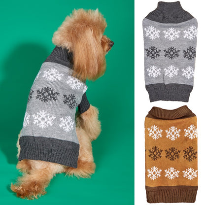 Snowflake Knit Dog Christmas Sweater in Dark Brown &amp; Gray, Sizes XXS–XL
