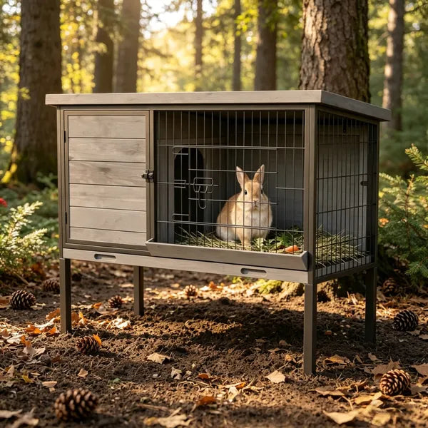 Wooden Rabbit Hutch with Run – Elevated Small Animal Cage, Pull-Out Tray, Waterproof Roof, Gray