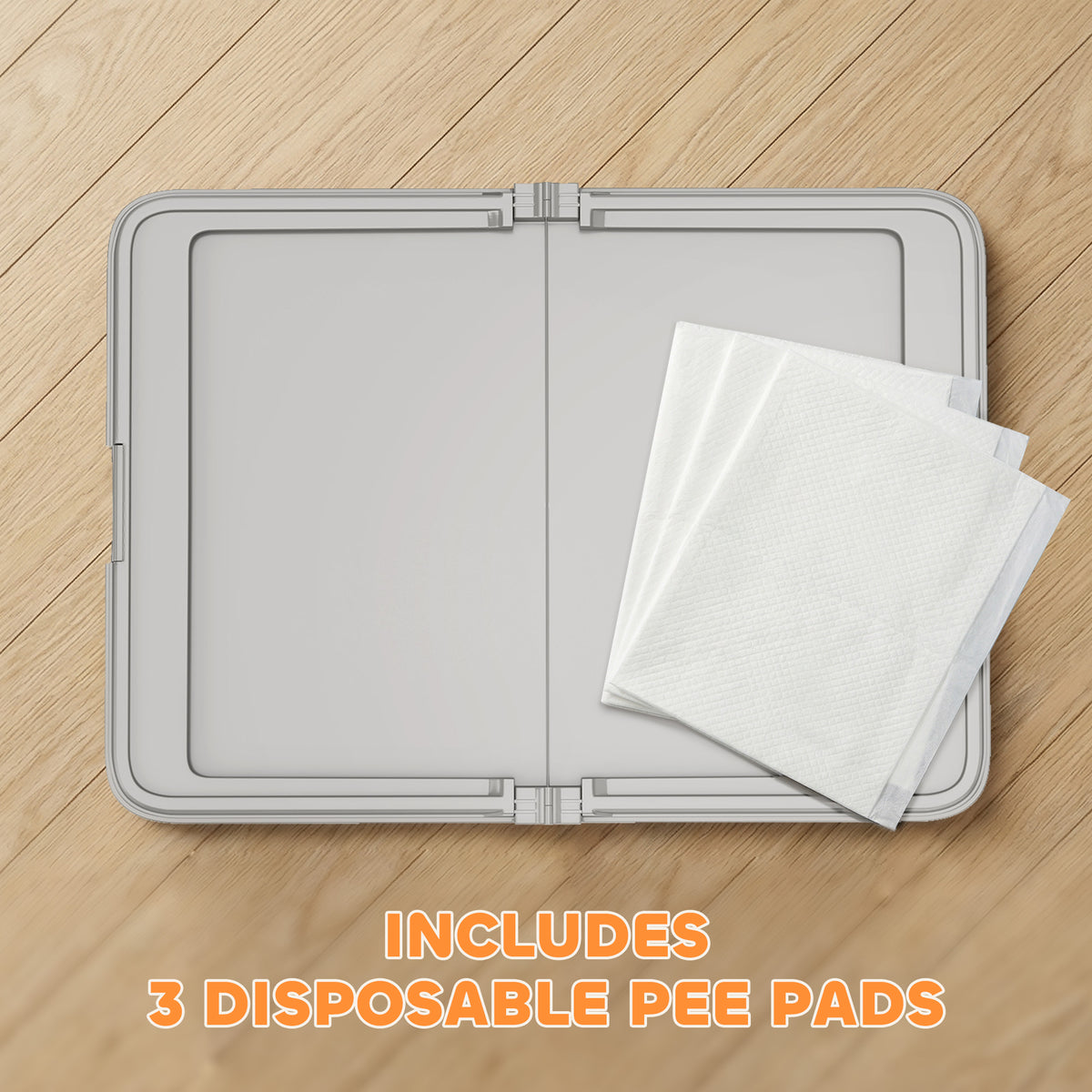 Foldable Dog Pee Pad Holder – 33.9 x 24.4 in Tray with Splash Wall &amp; 3 Pads, Gray – view 7