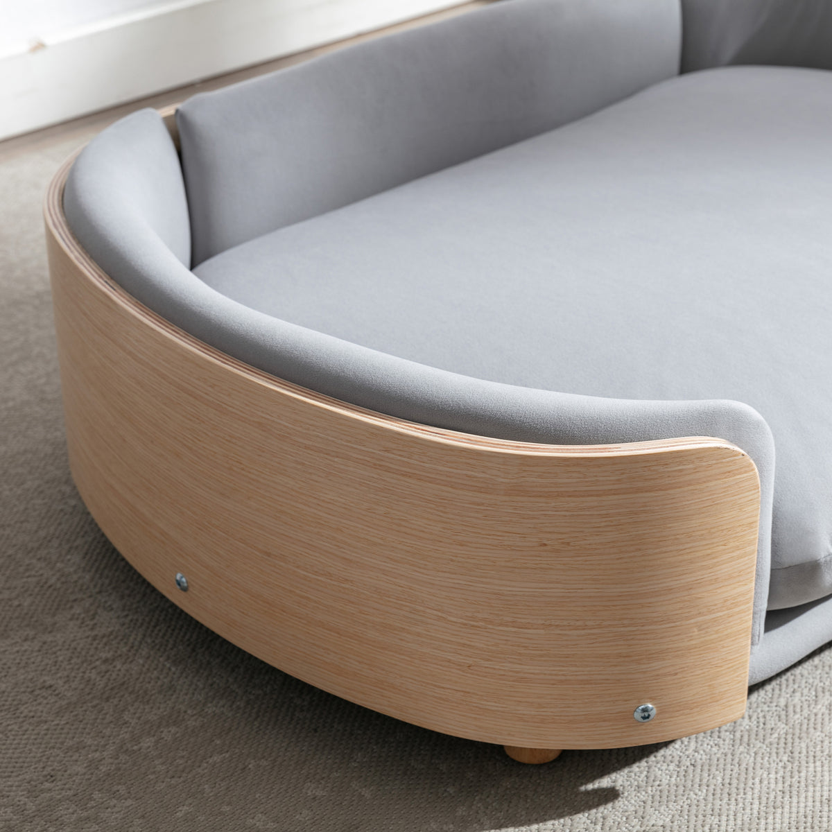 Scandinavian Elevated Dog Sofa Bed – Solid Wood Legs, Bent Wood Back, Velvet Cushion, Light Grey – view 5