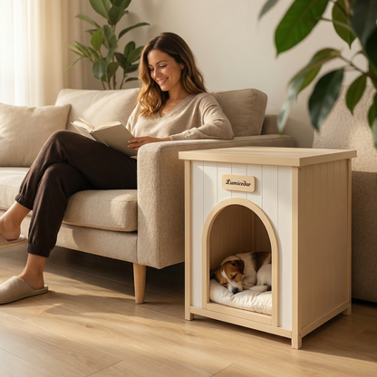 Solid Cedar Indoor Dog House – Removable Cushion, Side Table Top, Cream White &amp; Light Yellow