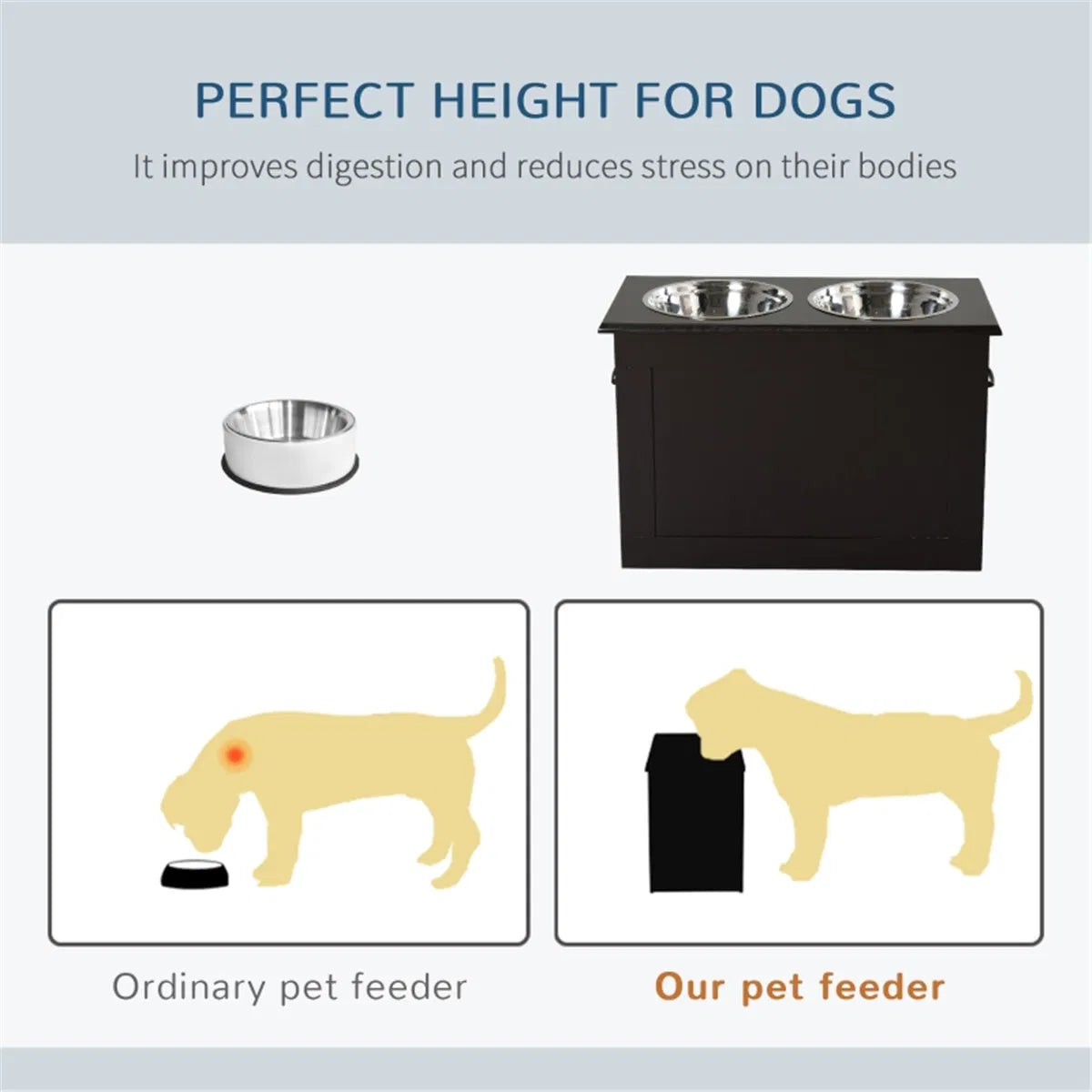 Raised Dog Feeder Stand with Storage &amp; 2 Stainless Steel Bowls for Large Dogs, Dark Brown – view 3