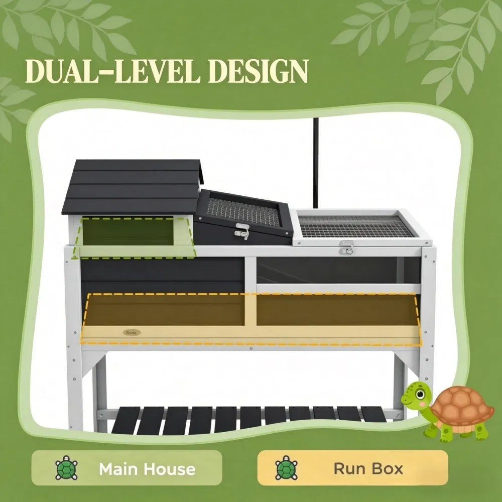 Two-Level Wooden Tortoise House with Run, Lamp Holder, Ramp &amp; Storage Shelf, Gray and White – view 7
