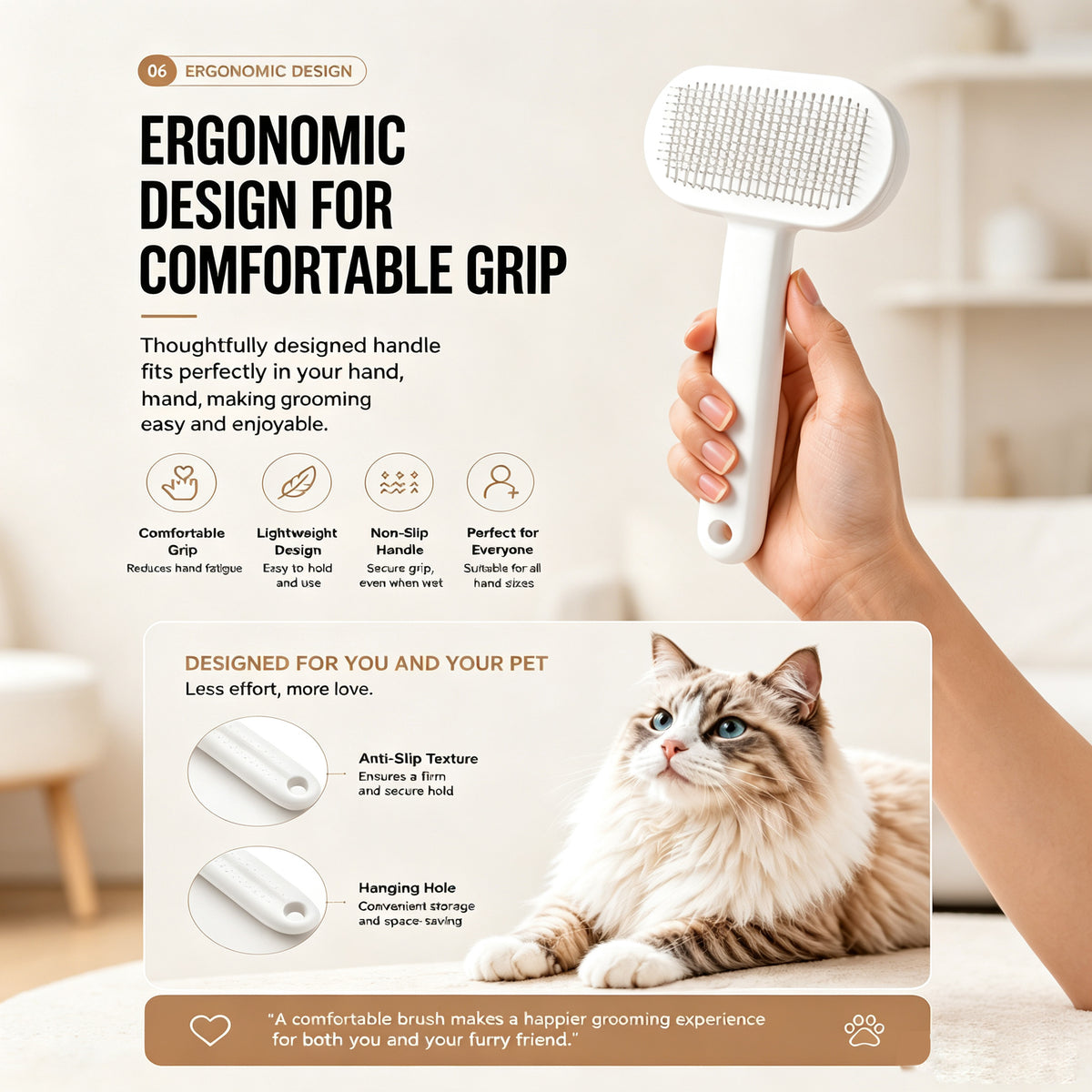 One-Click Self-Cleaning Slicker Brush for Cats &amp; Dogs – Stainless Steel Pins, White – view 5