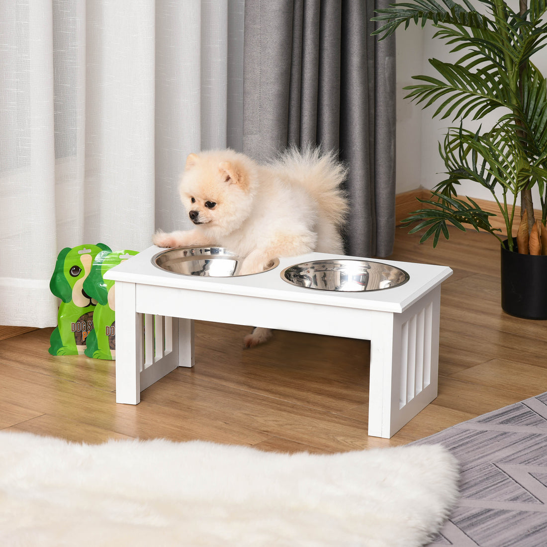 6 in Raised Double Dog Bowl Stand for Small Dogs, Wood Frame &amp; Stainless Steel Bowls, White