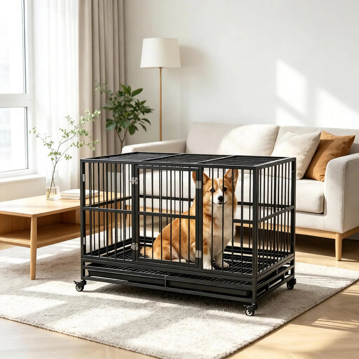 48 in Heavy-Duty Dog Crate with Locking Wheels – Double Door, Removable Tray, Gray – view 3