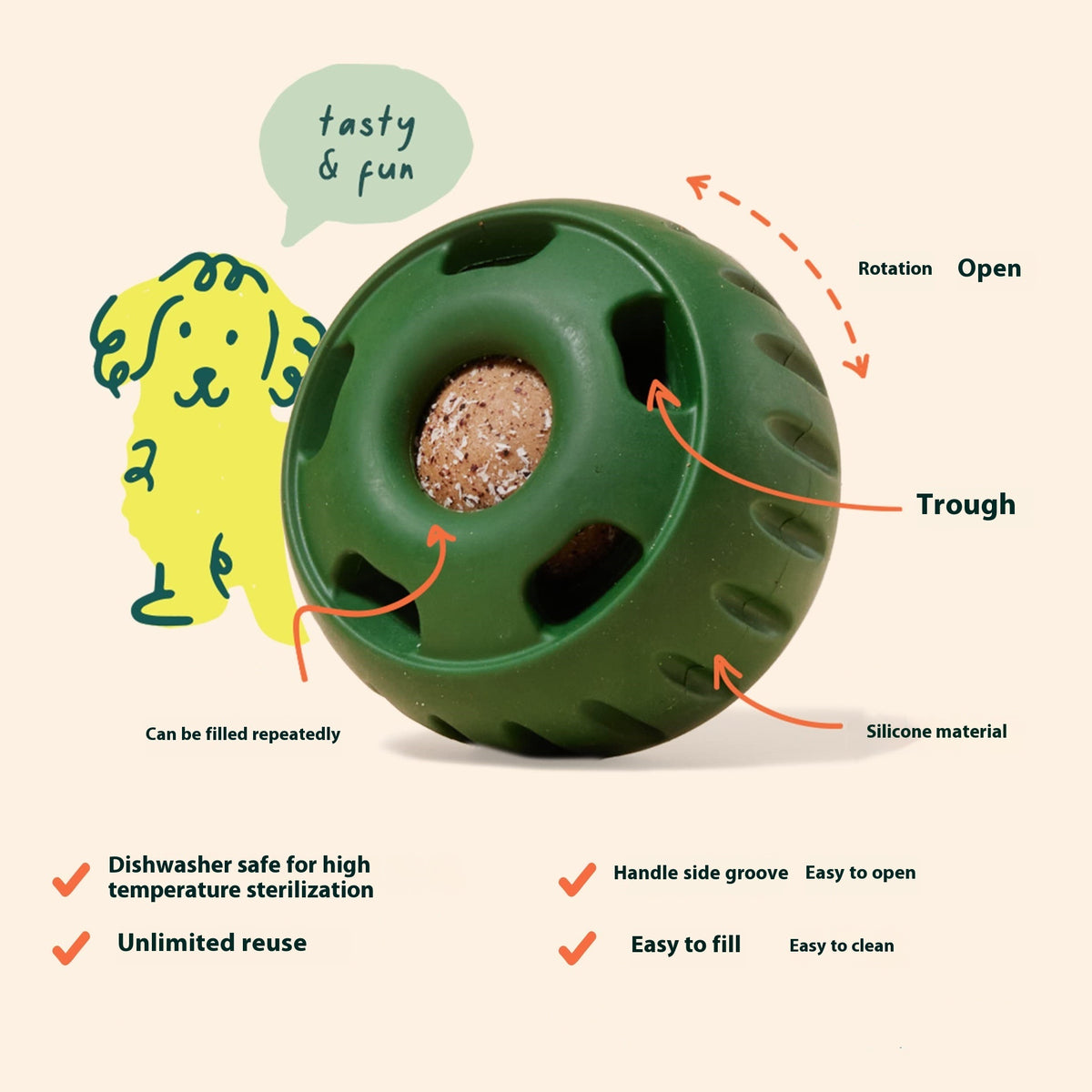 Silicone Slow Feeder Dog Ball &amp; Treat Tray – Food Dispensing Chew Toy in Green or Orange – view 4