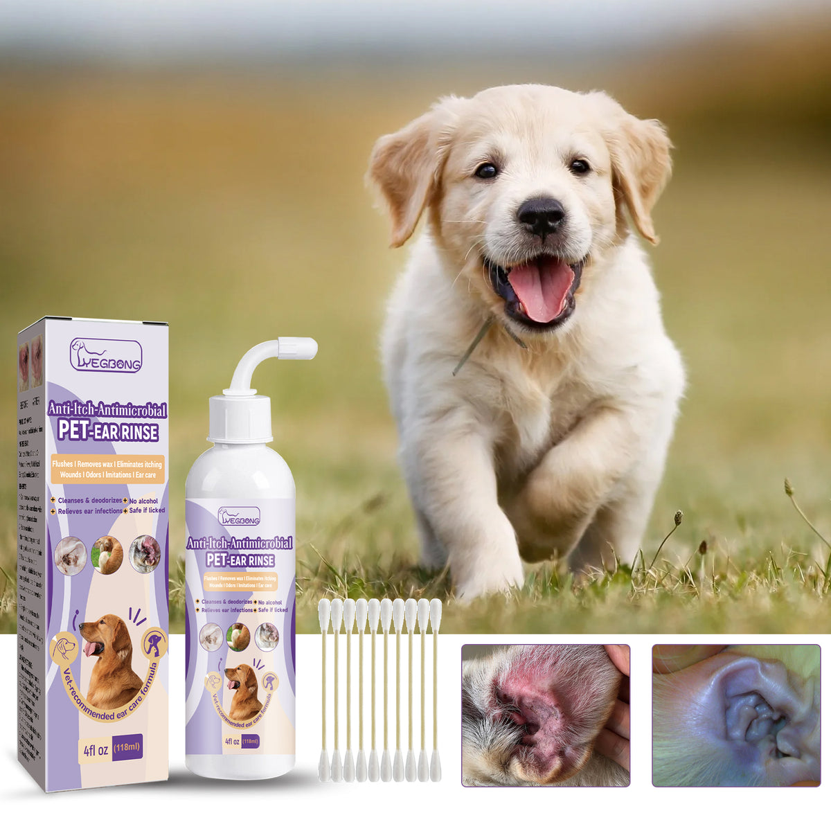 Alcohol-Free Pet Ear Rinse for Dogs and Cats – 4 fl oz (118 ml) with Cotton Swabs – view 2