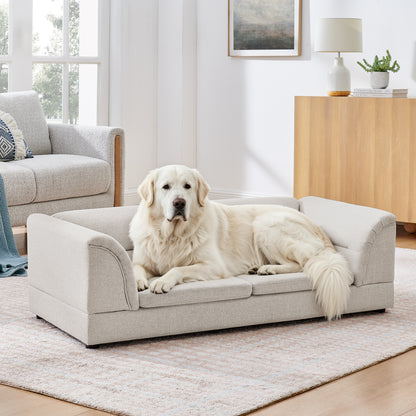 Oversized Linen Dog Sofa – Raised Pet Couch with Curved Armrests for Large Dogs, Beige – view 2