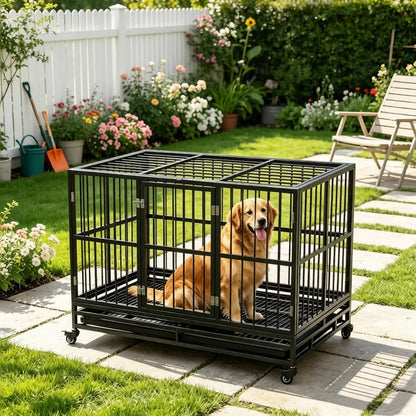 48 in Heavy-Duty Dog Crate with Locking Wheels – Double Door, Removable Tray, Gray – view 8
