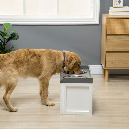 Elevated Dog Feeding Station with Sliding Storage Drawer – 2 Stainless Steel Bowls, White