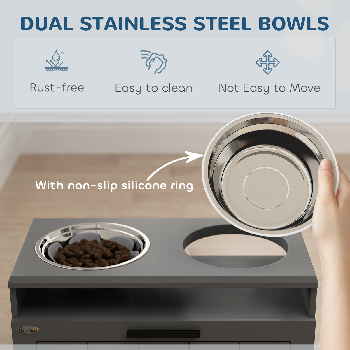 Elevated Dog Bowl Stand with Storage Drawer, 2 Stainless Steel Bowls &amp; Slow Feeder Mat, Gray – view 7