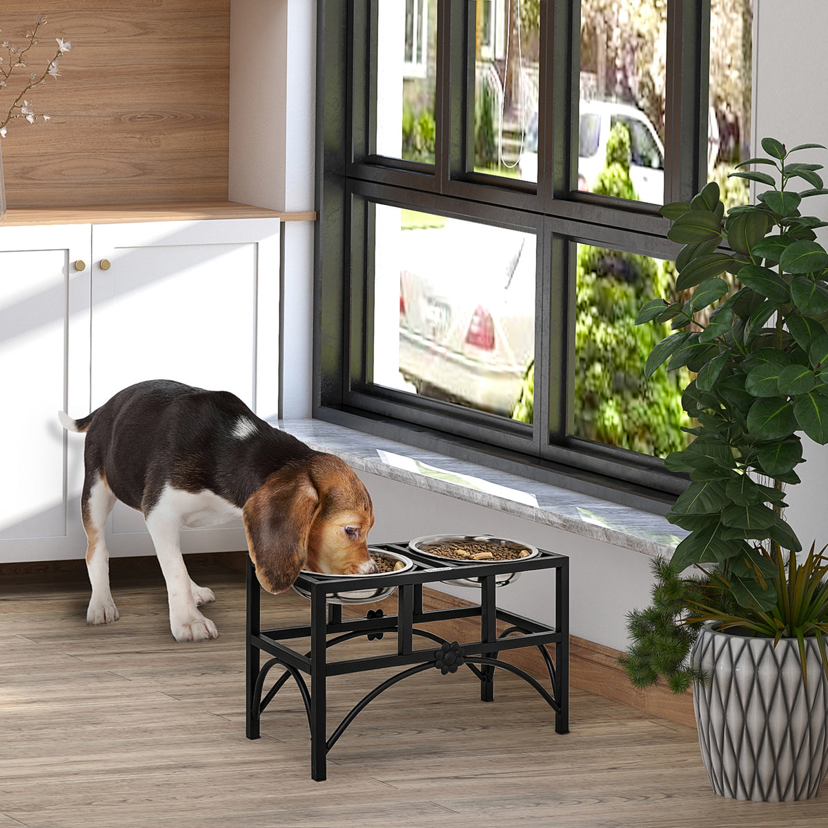 Elevated Double Dog Bowl Stand 17 in – Iron Frame with 2 Stainless Steel Bowls, Black &amp; Silver