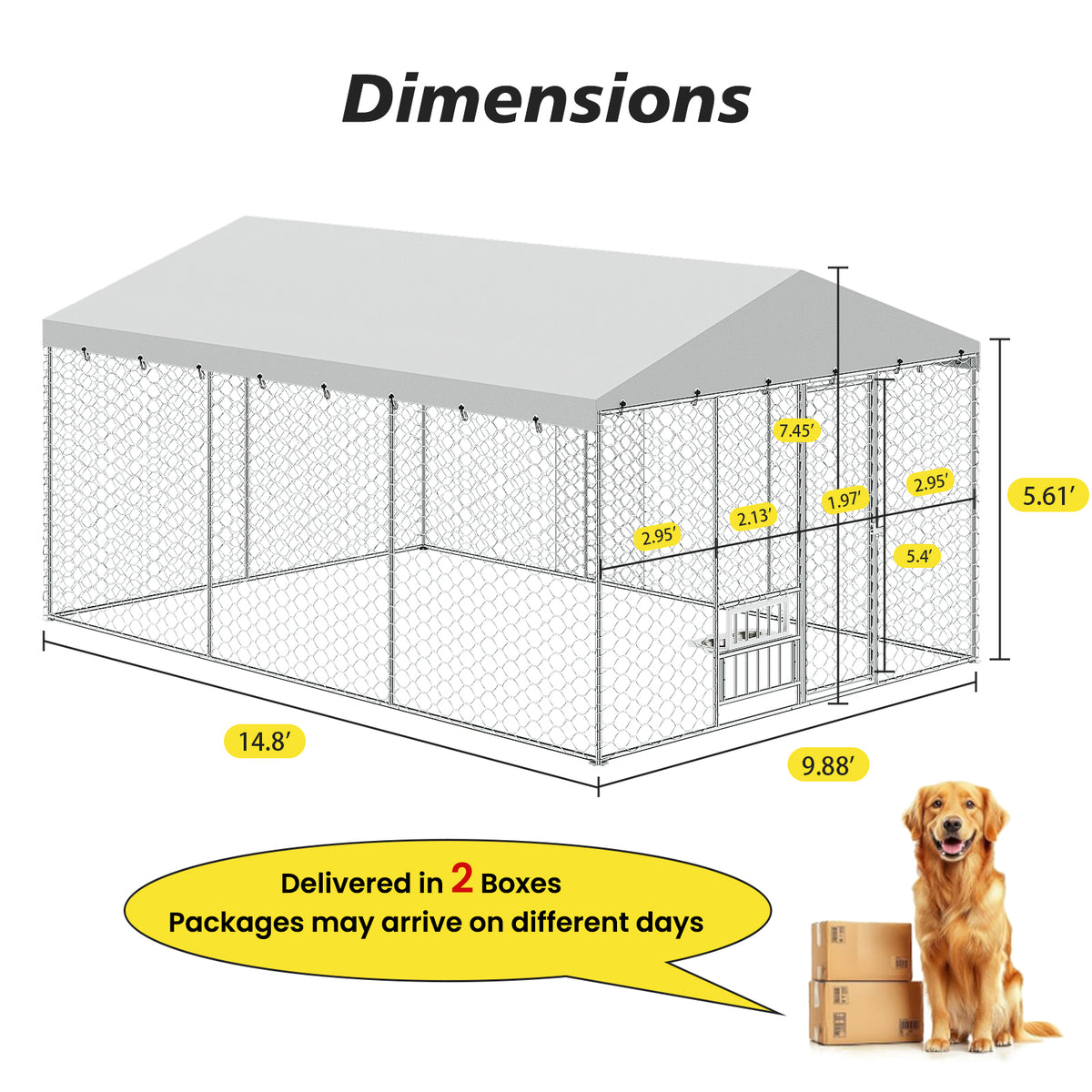 Large Outdoor Dog Kennel with Canopy – Galvanized Steel, Waterproof Roof, Feeding Bowls, 15 x 10 Ft – view 5