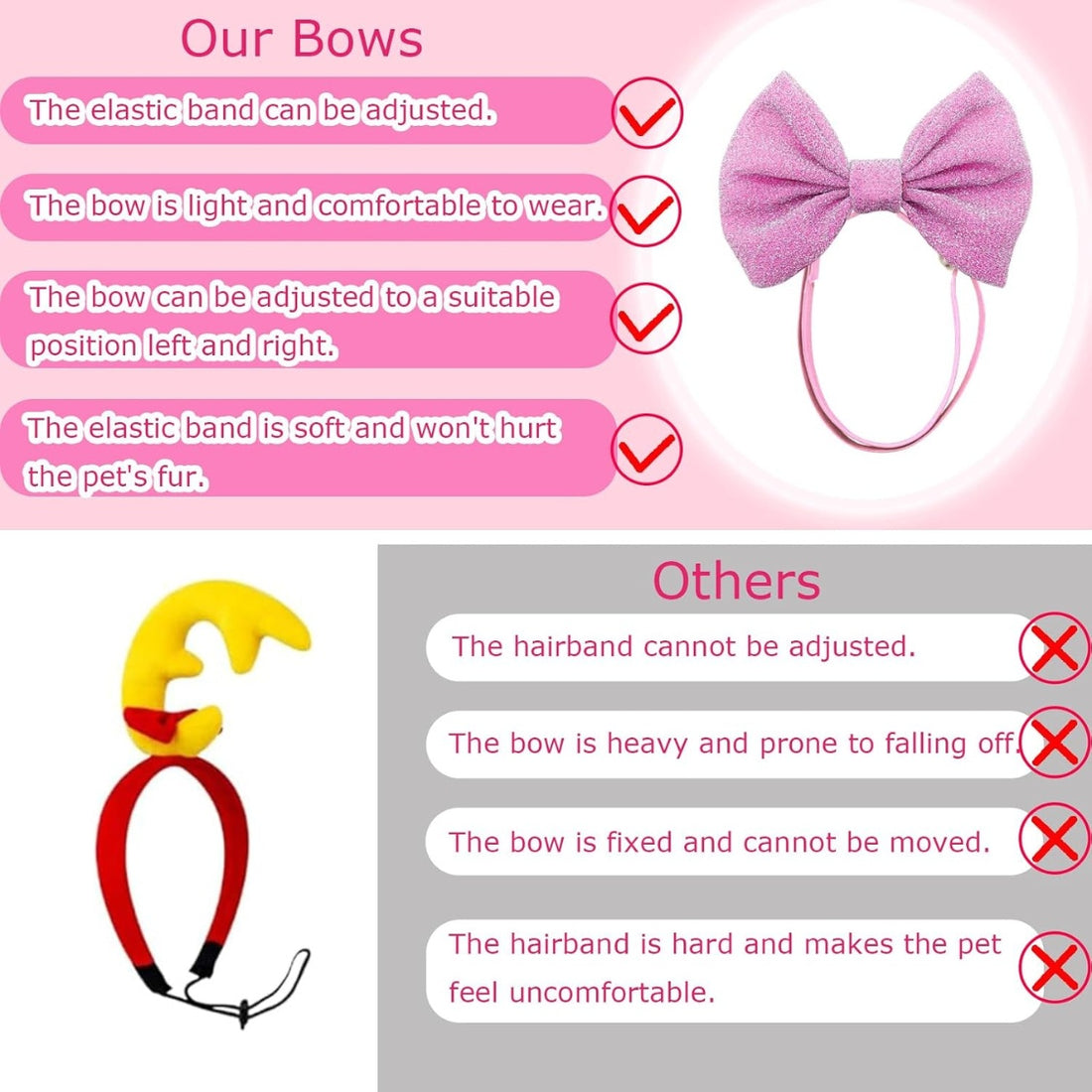 Dog Bow Headbands 4-Pack – Adjustable Plush Bow Headbands for Small &amp; Medium Dogs &amp; Cats, Blue, Black, Red, Pink – view 2