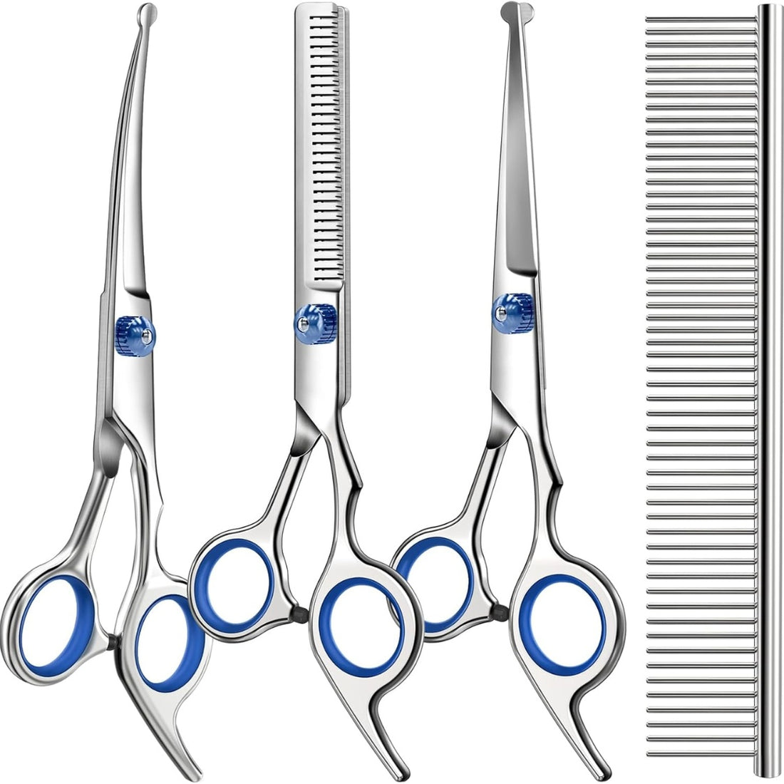 4-in-1 Dog and Cat Grooming Scissors Kit – Round-Tip Straight, Curved and Thinning Shears with Comb