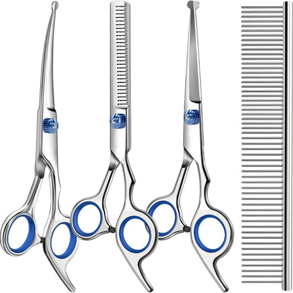 4-in-1 Dog and Cat Grooming Scissors Kit – Round-Tip Straight, Curved and Thinning Shears with Comb