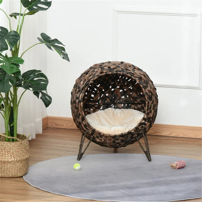 Elevated Wicker Cat House with Cushion – Hand-Woven Water Hyacinth Cat Bed, Brown – view 5