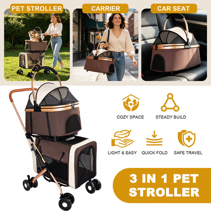 Double Pet Stroller for Dogs and Cats – 3-in-1 Carrier &amp; Tote, Shockproof Wheels, Brakes, Khaki – view 10