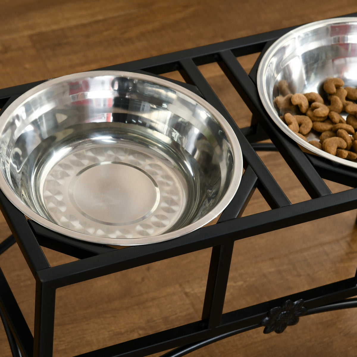 Elevated Double Dog Bowl Stand, Iron Frame with 2 Stainless Steel Bowls, 14 in Black and Silver – view 8