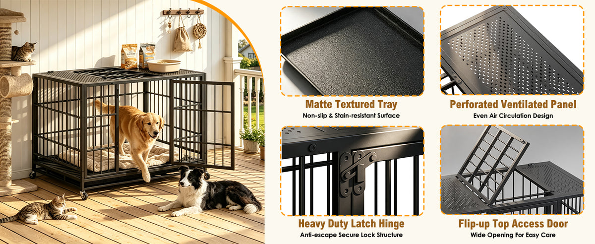 Heavy-Duty Metal Dog Crate on Wheels – Double Doors, Perforated Top, Slide-Out Tray, Black – view 6