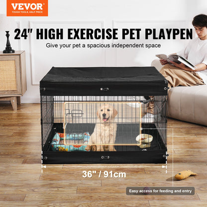 4-Panel Foldable Dog Playpen – Metal Pen with Zippered Top Cover and Floor Mat, 24 in, Black – view 2