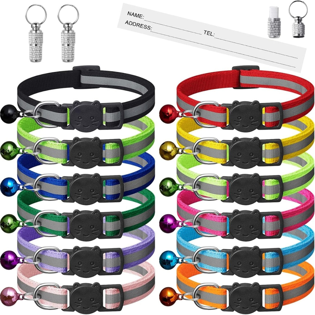 Breakaway Cat Collars 12-Pack – Reflective, With Bells &amp; 2 ID Tags, Adjustable 7.5–12.6 in