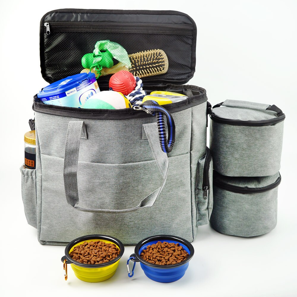 Dog Travel Bag – Food Storage Tote with Collapsible Bowls