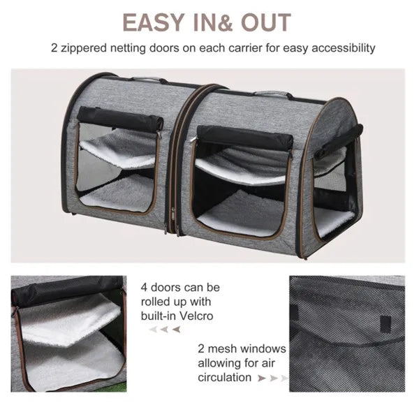 Foldable Double Cat Carrier – Converts to 2 Carriers, Mesh Windows, Seat Belt Strap, Gray – view 2