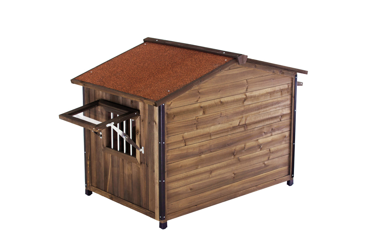 Wooden Cabin Dog House with Iron Frame – Asphalt Roof, Covered Porch, Large Dogs, Antique Brown – view 8