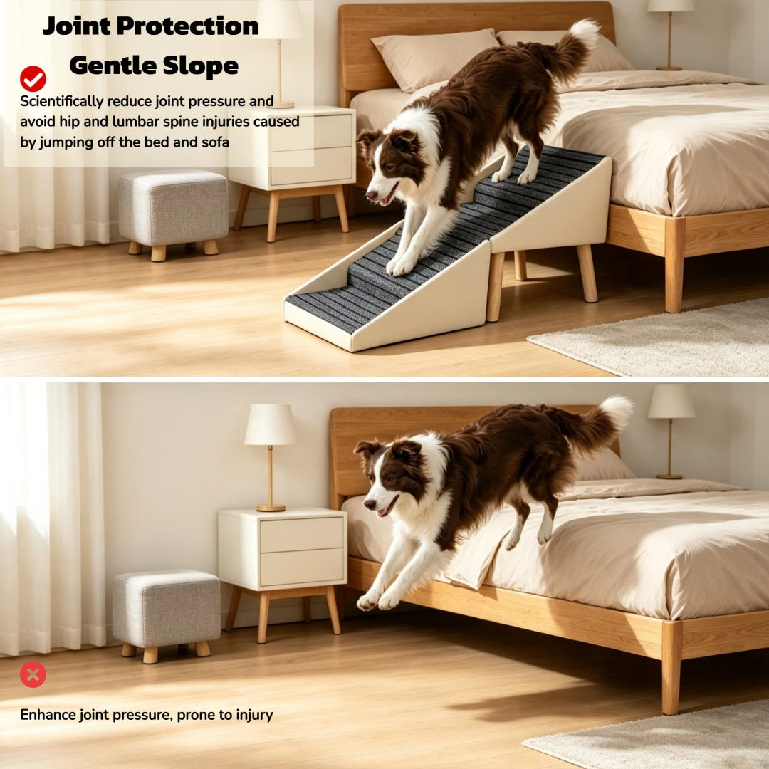 2-in-1 Foldable Dog Stairs and Ottoman – 4-Step Pet Steps for Bed and Couch, Anti-Slip, Beige – view 3