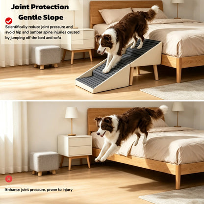 2-in-1 Foldable Dog Stairs and Ottoman – 4-Step Pet Steps for Bed and Couch, Anti-Slip, Beige – view 3