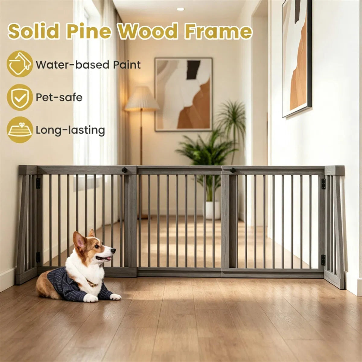 Expandable Wooden Pet Gate – 22 in Tall, Freestanding, 28–80 in Wide, Gray – view 7