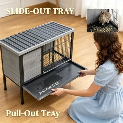 Wooden Rabbit Hutch with Run – Elevated Small Animal Cage, Pull-Out Tray, Waterproof Roof, Gray – view 3